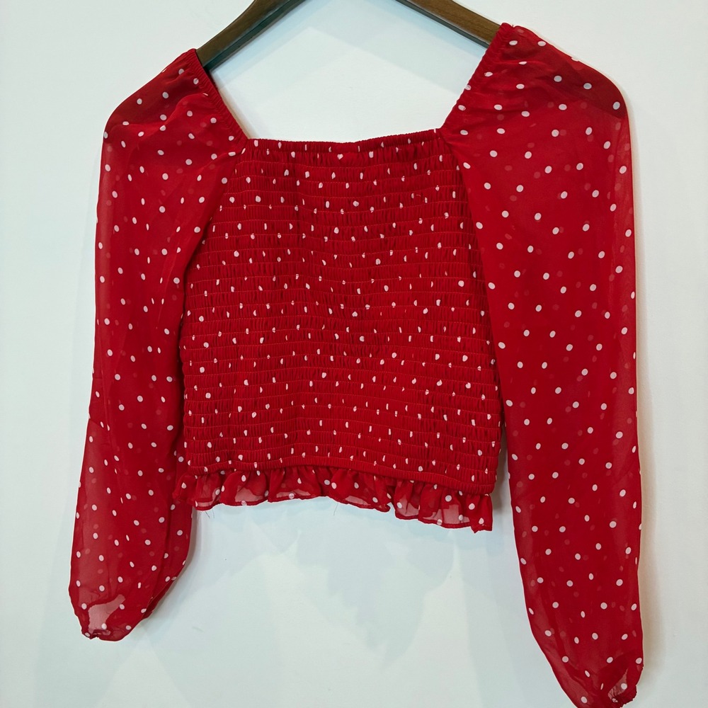 Art Class Girls Red Polka Dot Smocked Long Sleeve Blouse XL 14
